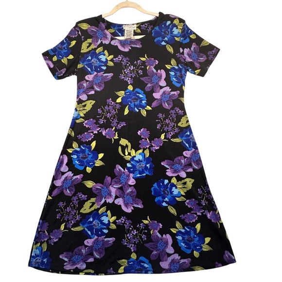 Vintage White Stag Floral Print Dress Stretch Short Sleeve Purple Blue Women's M - Picture 1 of 6